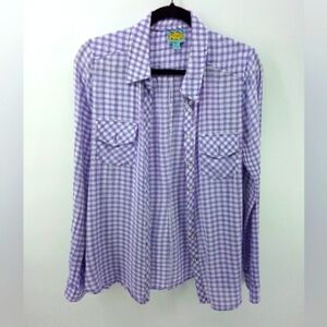 C&C California Purple Check Grid Casual Button Down Top Lightweight M